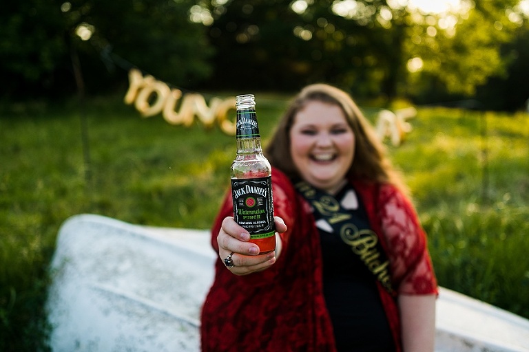 St Charles Outdoor 21st Birthday Session Rebecca Chapman Photography Young AF Birthday Bitch Jack Daniels Unicorn Adult Cake Smash