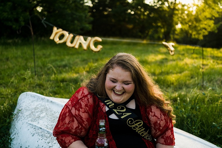 St Charles Outdoor 21st Birthday Session Rebecca Chapman Photography Young AF Birthday Bitch Jack Daniels Unicorn Adult Cake Smash
