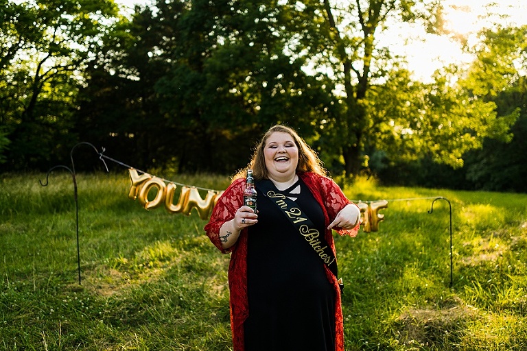St Charles Outdoor 21st Birthday Session Rebecca Chapman Photography Young AF Birthday Bitch Jack Daniels Unicorn Adult Cake Smash