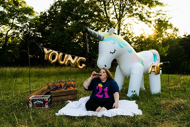 St Charles Outdoor 21st Birthday Session Rebecca Chapman Photography Young AF Birthday Bitch Jack Daniels Unicorn Adult Cake Smash