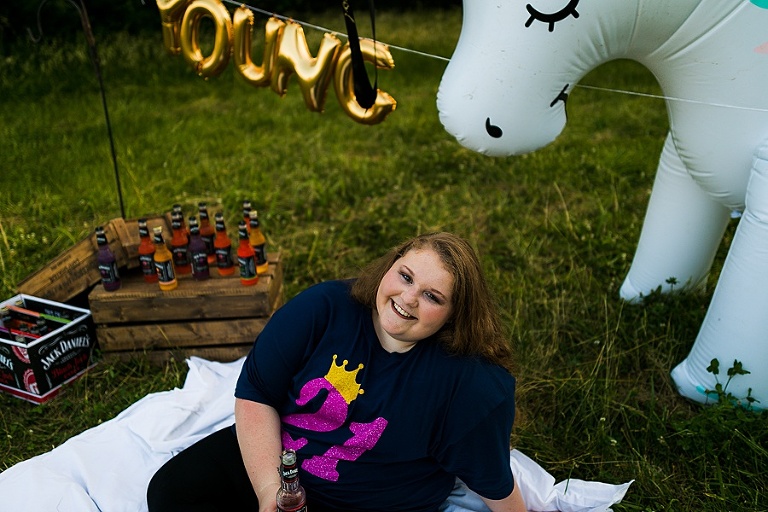 St Charles Outdoor 21st Birthday Session Rebecca Chapman Photography Young AF Birthday Bitch Jack Daniels Unicorn Adult Cake Smash