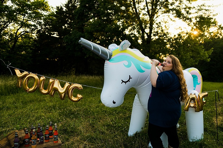 St Charles Outdoor 21st Birthday Session Rebecca Chapman Photography Young AF Birthday Bitch Jack Daniels Unicorn Adult Cake Smash