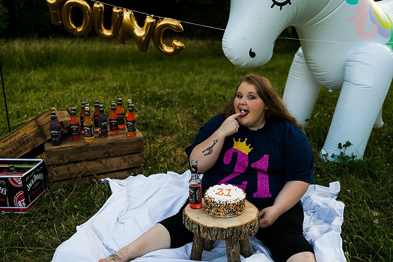 St Charles Outdoor 21st Birthday Session Rebecca Chapman Photography Young AF Birthday Bitch Jack Daniels Unicorn Adult Cake Smash