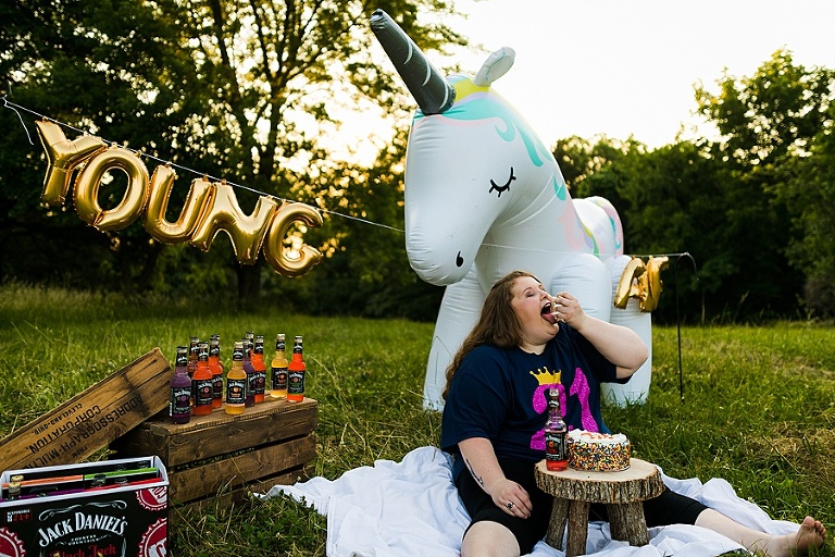 St Charles Outdoor 21st Birthday Session Rebecca Chapman Photography Young AF Birthday Bitch Jack Daniels Unicorn Adult Cake Smash