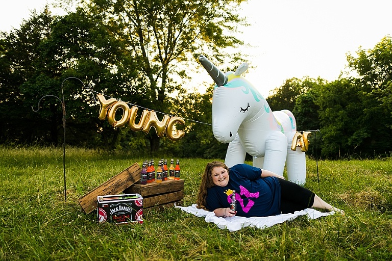 St Charles Outdoor 21st Birthday Session Rebecca Chapman Photography Young AF Birthday Bitch Jack Daniels Unicorn Adult Cake Smash