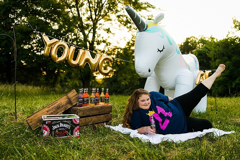 St Charles Outdoor 21st Birthday Session Rebecca Chapman Photography Young AF Birthday Bitch Jack Daniels Unicorn Adult Cake Smash