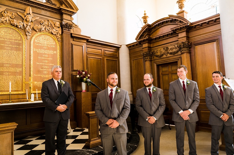 Westminster College Wedding Fulton Missouri St Charles Photographer Rebecca Chapman Photographer Churchill Museum Warrenton Missouri Outdoor Fall Groom First Look Groom Reaction