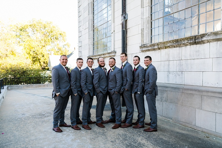 Westminster College Wedding Fulton Missouri St Charles Photographer Rebecca Chapman Photographer Churchill Museum Warrenton Missouri Outdoor Fall Groomsmen Grey Gray Tuxes
