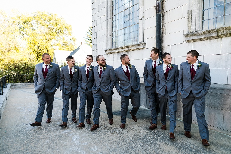 Westminster College Wedding Fulton Missouri St Charles Photographer Rebecca Chapman Photographer Churchill Museum Warrenton Missouri Outdoor Fall Groomsmen Grey Gray Tuxes