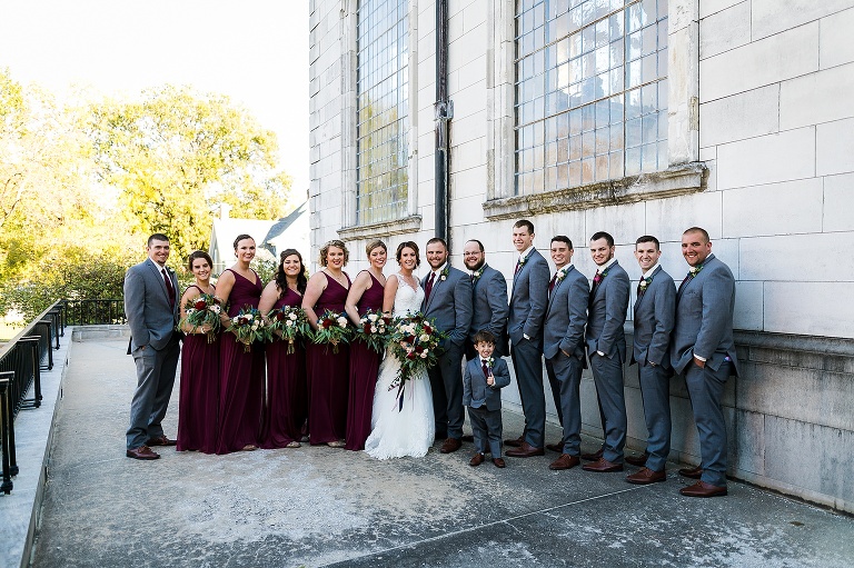 Westminster College Wedding Fulton Missouri St Charles Photographer Rebecca Chapman Photographer Churchill Museum Warrenton Missouri Outdoor Fall Groomsmen Grey Gray Tuxes Bridesmaids maroon Bridal Party