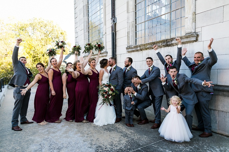 Westminster College Wedding Fulton Missouri St Charles Photographer Rebecca Chapman Photographer Churchill Museum Warrenton Missouri Outdoor Fall Groomsmen Grey Gray Tuxes Bridesmaids maroon Bridal Party
