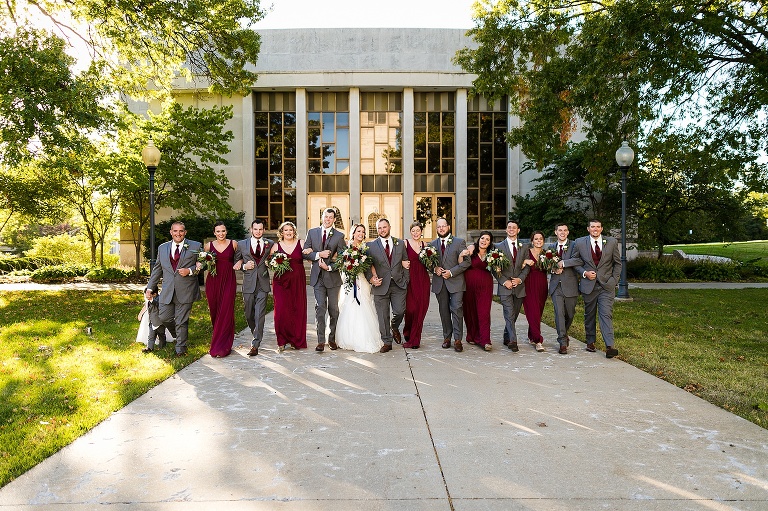 Westminster College Wedding Fulton Missouri St Charles Photographer Rebecca Chapman Photographer Churchill Museum Warrenton Missouri Outdoor Fall Groomsmen Grey Gray Tuxes Bridesmaids maroon Bridal Party