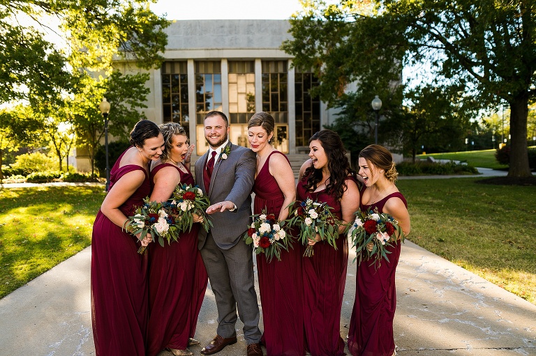 Westminster College Wedding Fulton Missouri St Charles Photographer Rebecca Chapman Photographer Churchill Museum Warrenton Missouri Outdoor Fall Groomsmen Grey Gray Tuxes Bridesmaids maroon Bridal Party
