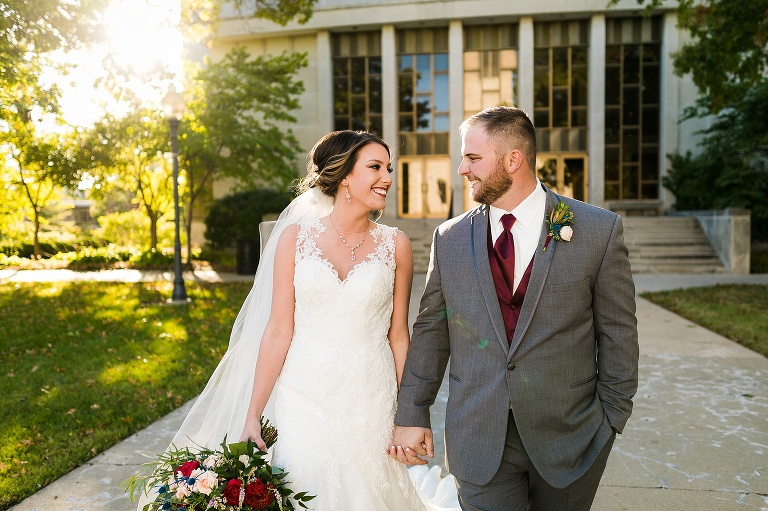Westminster College Wedding Fulton Missouri St Charles Photographer Rebecca Chapman Photographer Churchill Museum Warrenton Missouri Outdoor Fall Groomsmen Grey Gray Tuxes Bridesmaids maroon Bridal Party