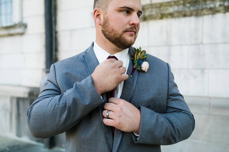 Westminster College Wedding Fulton Missouri St Charles Photographer Rebecca Chapman Photographer Churchill Museum Warrenton Missouri Outdoor Fall Groomsmen Grey Gray Tuxes Bridesmaids maroon Bridal Party