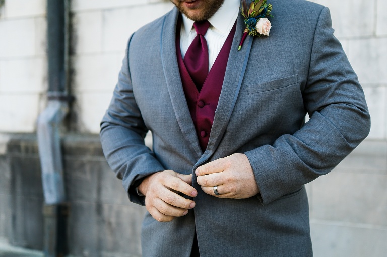 Westminster College Wedding Fulton Missouri St Charles Photographer Rebecca Chapman Photographer Churchill Museum Warrenton Missouri Outdoor Fall Groomsmen Grey Gray Tuxes Bridesmaids maroon Bridal Party