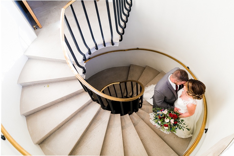 Westminster College Wedding Fulton Missouri St Charles Photographer Rebecca Chapman Photographer Churchill Museum Warrenton Missouri Outdoor Fall Staircase Spiral Stairs Overhead