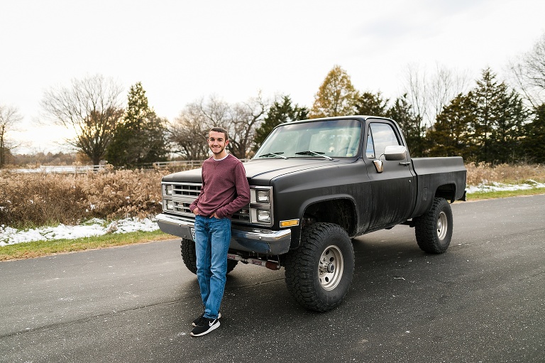 Towne Park, Warrenton High School, Boy Senior, St Charles Senior Photographer, Rebecca Chapman Photographer, Cross Country, Chevy Truck, Wentzville Missouri, Warrenton MO, Fall, Winter, Snow