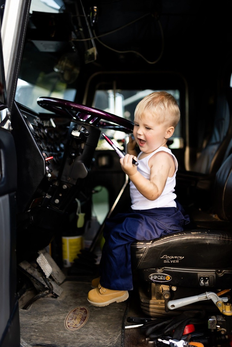 Mechanic Birthday Photo Shoot | Rebecca Chapman Photography | Missouri Photographer | Missouri Family Photographer | semi Truck Session | Little Mechanic |
