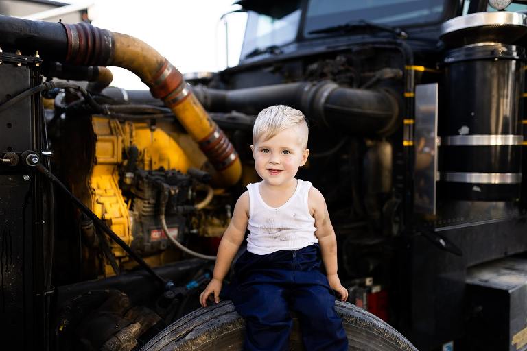 Mechanic Birthday Photo Shoot | Rebecca Chapman Photography | Missouri Photographer | Missouri Family Photographer | semi Truck Session | Little Mechanic |