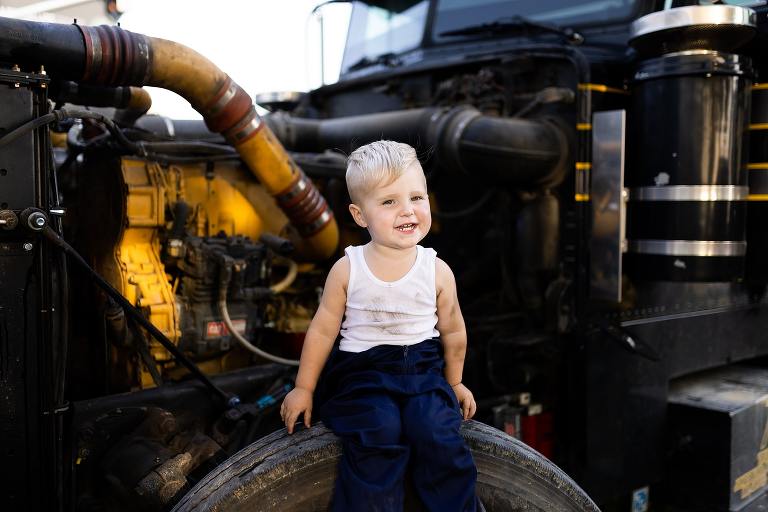 Mechanic Birthday Photo Shoot | Rebecca Chapman Photography | Missouri Photographer | Missouri Family Photographer | semi Truck Session | Little Mechanic |