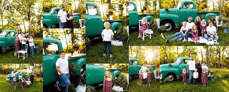 Blended family near teal vintage truck and fresh wildflowers in High Hill Missouri at golden hour