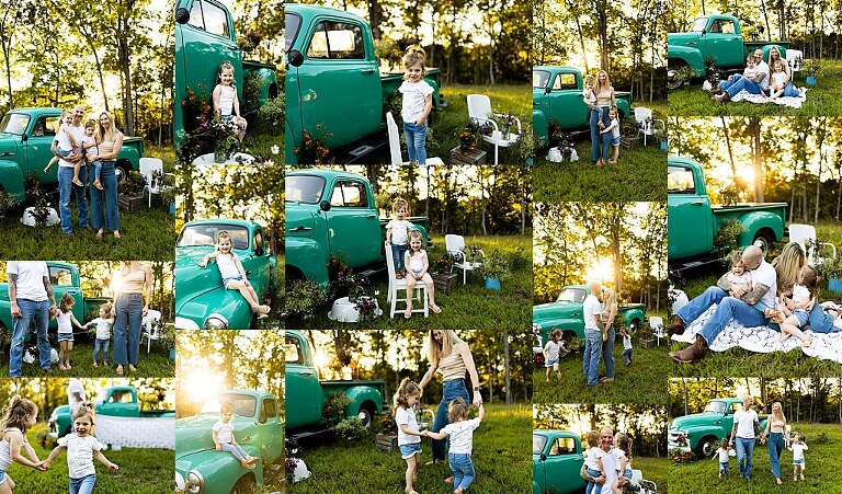 Family posing near teal vintage truck with wildflowers in Warrenton Missouri Family Flower Truck Mini Session
