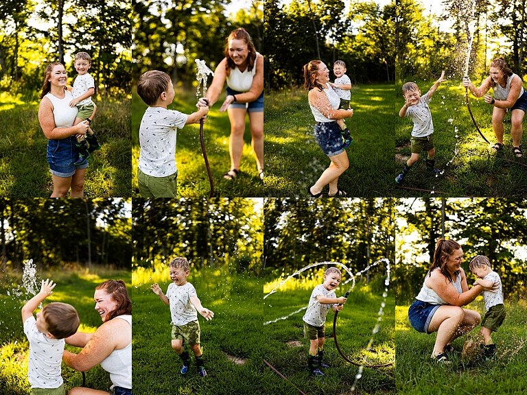 Mom and young son laughing and playing together outdoors during summertime mini session, splashing in water, chasing bubbles, and making unforgettable memories.