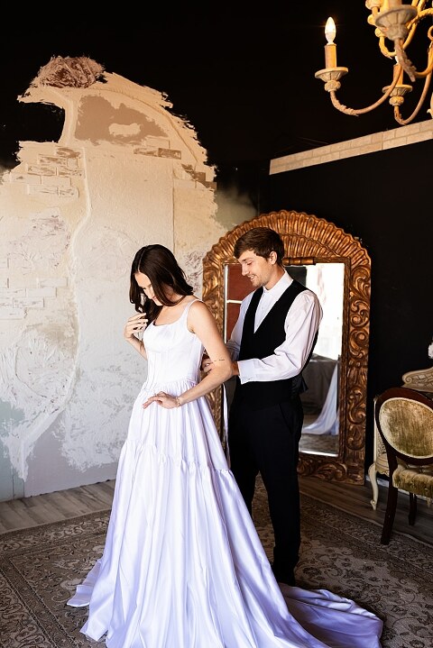Bride and groom portraits at Heritage on Broadway Wedding Venue in Elsberry MO, historic wedding setup, vintage decor, Missouri wedding photographer