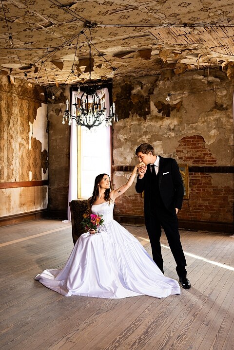 Bride and groom portraits at Heritage on Broadway Wedding Venue in Elsberry MO, historic wedding setup, vintage decor, Missouri wedding photographer