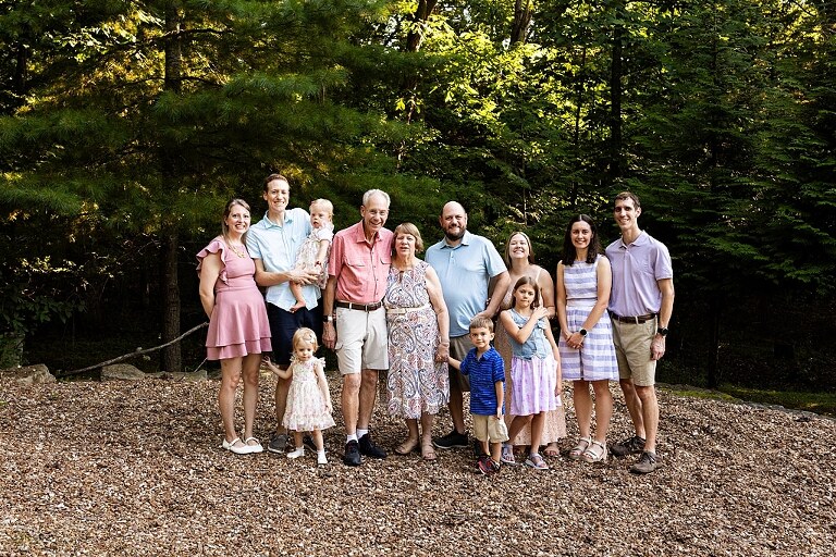Extended family photos at Innsbrook Missouri with kids, grandparents, and parents celebrating an anniversary in summer heat.