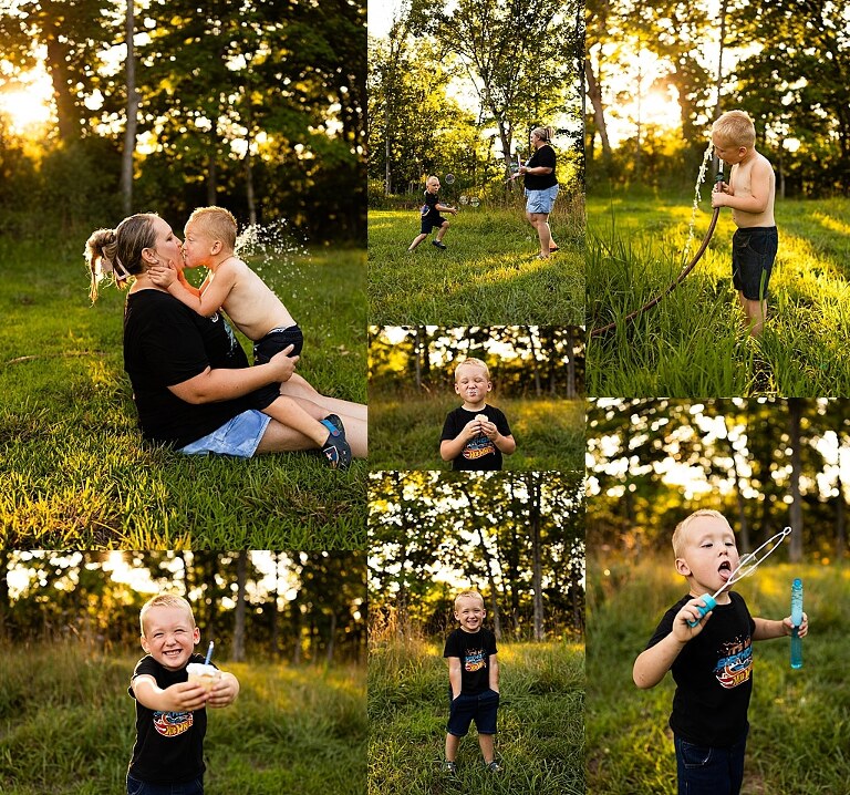 Mom and young son playing together outdoors during summertime mini session, blowing bubbles, splashing water, and sharing joyful moments in the sunshine.