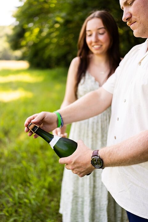 Groom to be proposing during surprise wedding proposal at family home | Emotional reaction during surprise wedding proposal at family home in Missouri | Couple celebrating after surprise wedding proposal at family home | Portraits of newly engaged couple after surprise wedding proposal