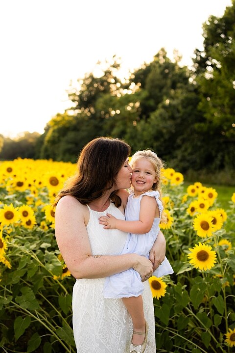 Family of four during sunflower mini photo session in Jonesburg Missouri | Kids smiling in sunflower field during family tradition photo shoot | Family cuddles in sunflower field during summer photos | Missouri Photographer | Outdoor photographer 