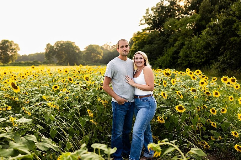 Extended family standing together in a sunflower field smiling during a summer mini session | Grandparents surrounded by their grandchildren in a bright sunflower patch | Large family group walking through sunflowers during a summer photo session