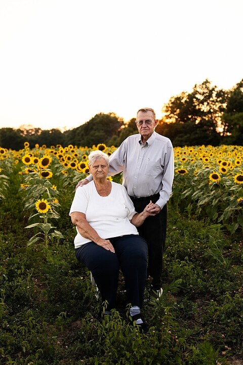 Extended family standing together in a sunflower field smiling during a summer mini session | Grandparents surrounded by their grandchildren in a bright sunflower patch | Large family group walking through sunflowers during a summer photo session