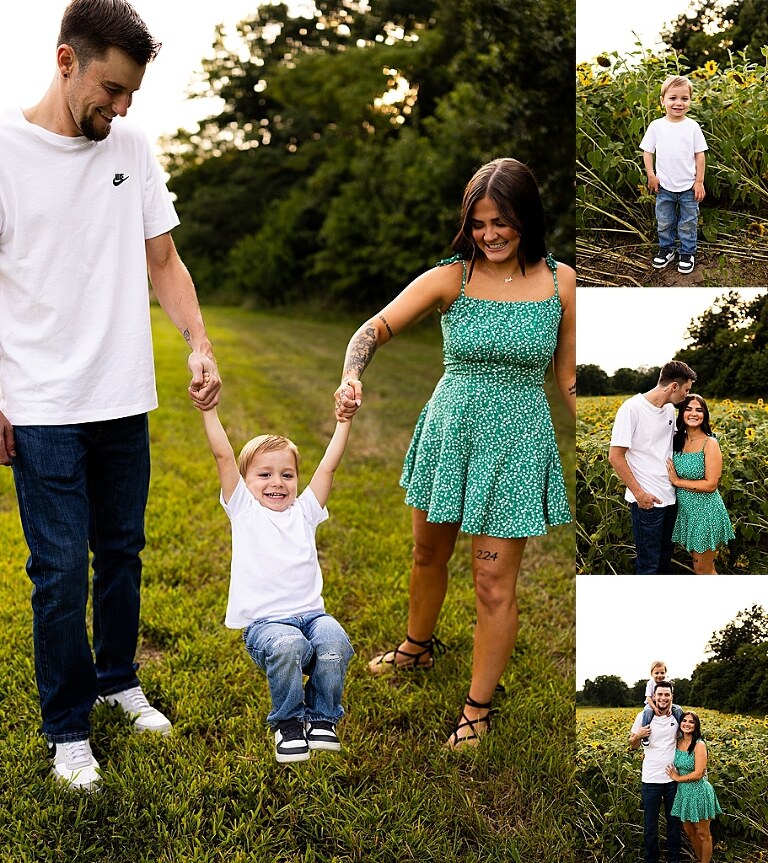 Family of three smiling together in a bright sunflower field during summer | Little boy grinning while standing among tall sunflowers
 | Parents holding their son and laughing in golden evening light | Family hugging closely surrounded by blooming sunflowers