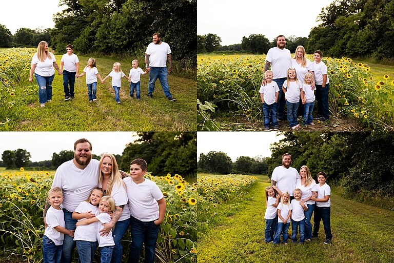 Blended family smiling together in a sunflower field during a summer mini session | Mom and children laughing among tall sunflowers in warm evening light | Parents holding hands and smiling in a bright sunflower patch | Close up of family hugging with golden blooms surrounding them