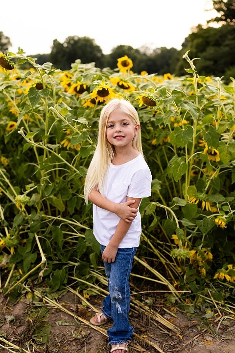 Blended family smiling together in a sunflower field during a summer mini session | Mom and children laughing among tall sunflowers in warm evening light | Parents holding hands and smiling in a bright sunflower patch | Close up of family hugging with golden blooms surrounding them