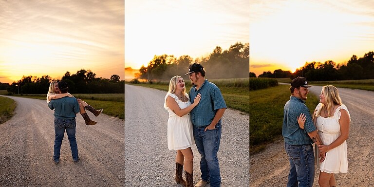 Couple walking hand in hand down a gravel road at sunset | Woman smiling at her partner during a country photo session | Former Missouri State Fair Queen posing with her partner in soft evening light | Close up of couple laughing while standing on a quiet country road