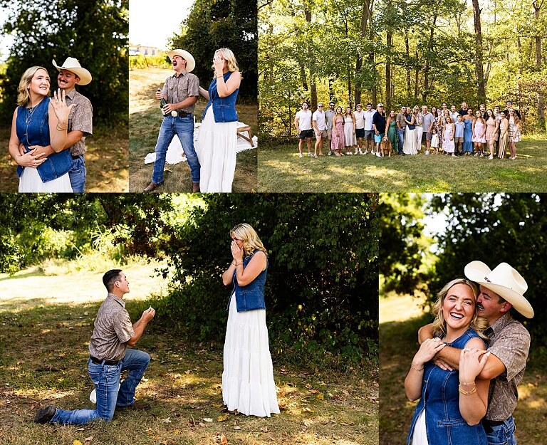 Tyler proposing to Rachel at Chandler Hill Vineyards in Defiance Missouri
Couple standing back to back moments before the surprise proposal
Rachel crying with joy as Tyler kneels during the proposal
Newly engaged couple hugging surrounded by vineyard scenery
Close up of engagement ring in front of rolling vineyard hills