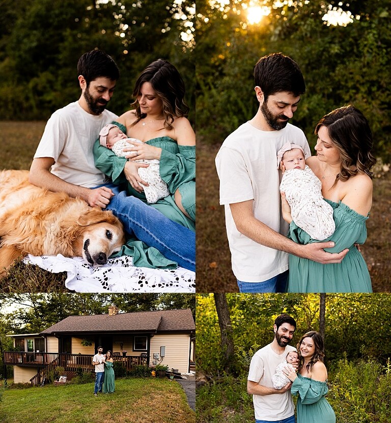 New parents holding their newborn girl outside in soft September light
Mother cradling newborn during an outdoor in home lifestyle session
Father smiling while holding baby girl in shaded backyard
Family photo with their dog photobombing in the background
Newborn resting peacefully with a curious kitty peeking nearby