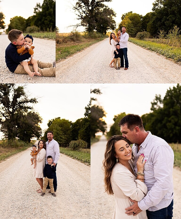 Oden Family walking together on a gravel road during a September photo session
Parents smiling at their children while standing on a country road
Children running and laughing down a gravel road in golden light
Family hugging closely with the soft glow of evening behind them