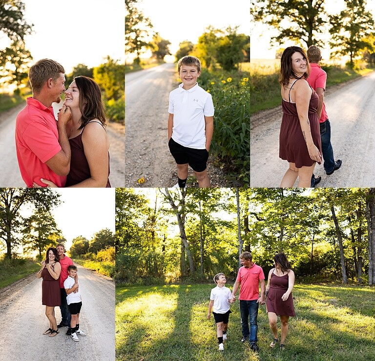Family walking together through a field in High Hill Missouri
Parents smiling at their child while standing on a gravel road
Child laughing and making a silly face during a family session
Family holding hands in tall grass with warm evening light
Parents hugging their child while standing on a quiet country road
