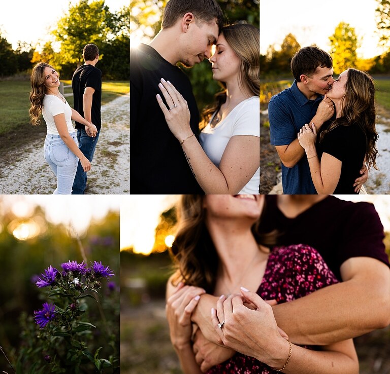 Tyler and Grace standing on a sunlit path at Towne Park during their engagement session.
Couple laughing together in an open field at Towne Park.
Tyler and Grace holding hands along a wooded trail with soft golden light behind them.
Close–up of the couple smiling at each other during their engagement session.
Engagement ring photo taken at Towne Park with natural greenery in the background.