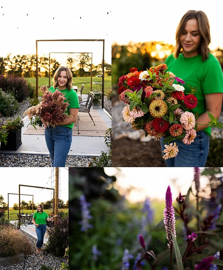 Aimie standing in her flower garden in High Hill Missouri surrounded by colorful blooms.
Close–up of Aimie gently holding freshly cut flowers from her garden.
Wide view of the flower farm with rows of vibrant summer flowers.
Aimie smiling while arranging flowers during her garden session.
Hands holding a bouquet of freshly picked flowers in soft natural light.