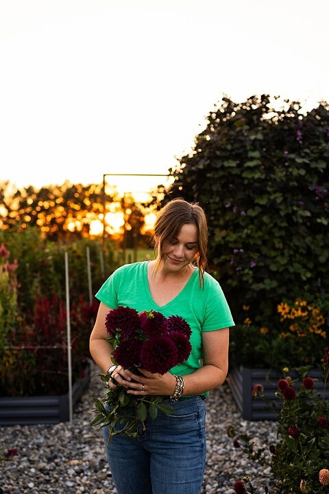 Aimie standing in her flower garden in High Hill Missouri surrounded by colorful blooms.
Close–up of Aimie gently holding freshly cut flowers from her garden.
Wide view of the flower farm with rows of vibrant summer flowers.
Aimie smiling while arranging flowers during her garden session.
Hands holding a bouquet of freshly picked flowers in soft natural light.