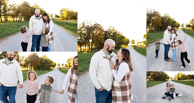 Family standing together on a gravel road in High Hill Missouri.
Kids smiling and walking down a sunny gravel path.
Mom hugging her two kids during their gravel road session.
Children running through a field beside a country road.
Family laughing together in warm evening light.