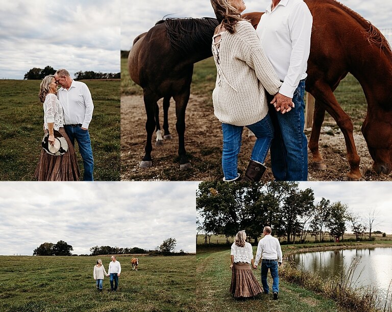 Couple standing together on their new country property during golden hour.
Tina and Jimmy laughing together beside a tall tree line.
Couple posing with one of their farm animals in soft evening light.
Tina and Jimmy walking hand in hand across their open field.
Close-up of the couple smiling with their animals nearby.