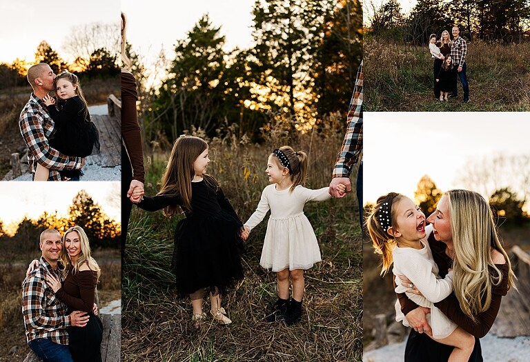 Family standing together at Towne Park in Foristell Missouri during golden hour.
Parents holding their children while laughing in an open field.
Family walking along a tree-lined path at Towne Park.
Kids smiling while standing between their parents during the session.
Close-up of Rob and Taylor hugging with soft light behind them.